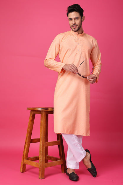 Men's Plus Size Dusky Peach Textured Kurta Pajama