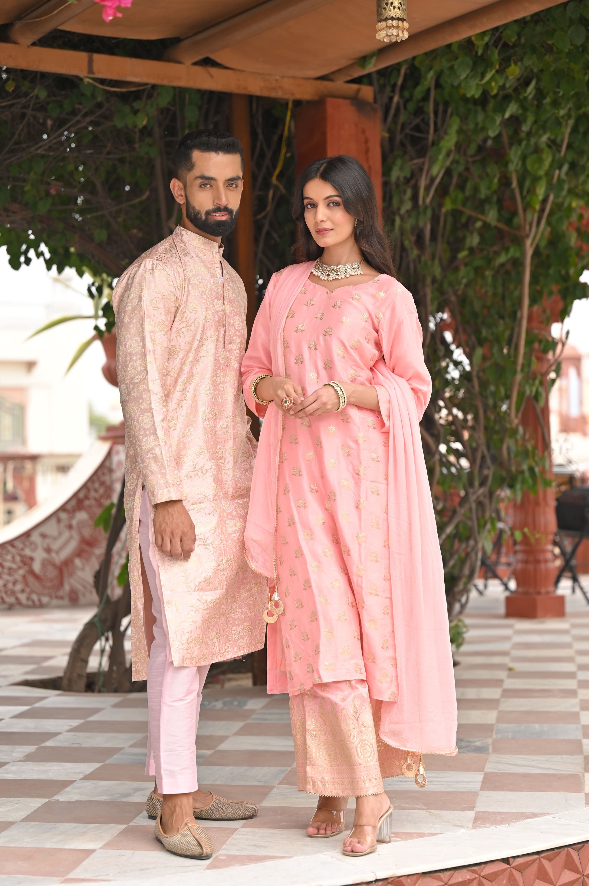 Men's Plus Size Opulent Pink Brocade Kurta Pajama