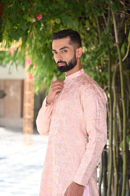 Men's Plus Size Opulent Pink Brocade Kurta Pajama