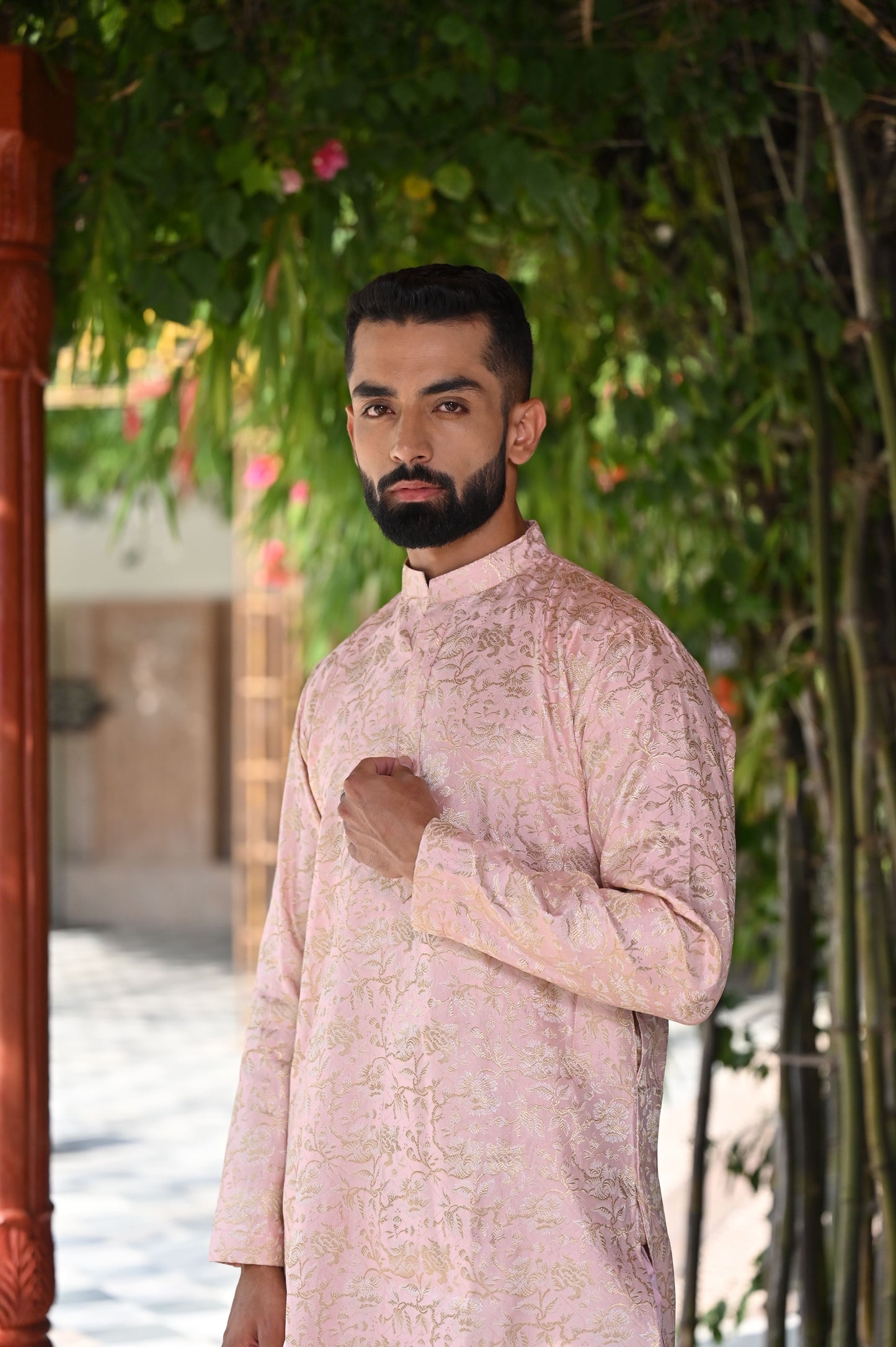 Men's Plus Size Opulent Pink Brocade Kurta Pajama