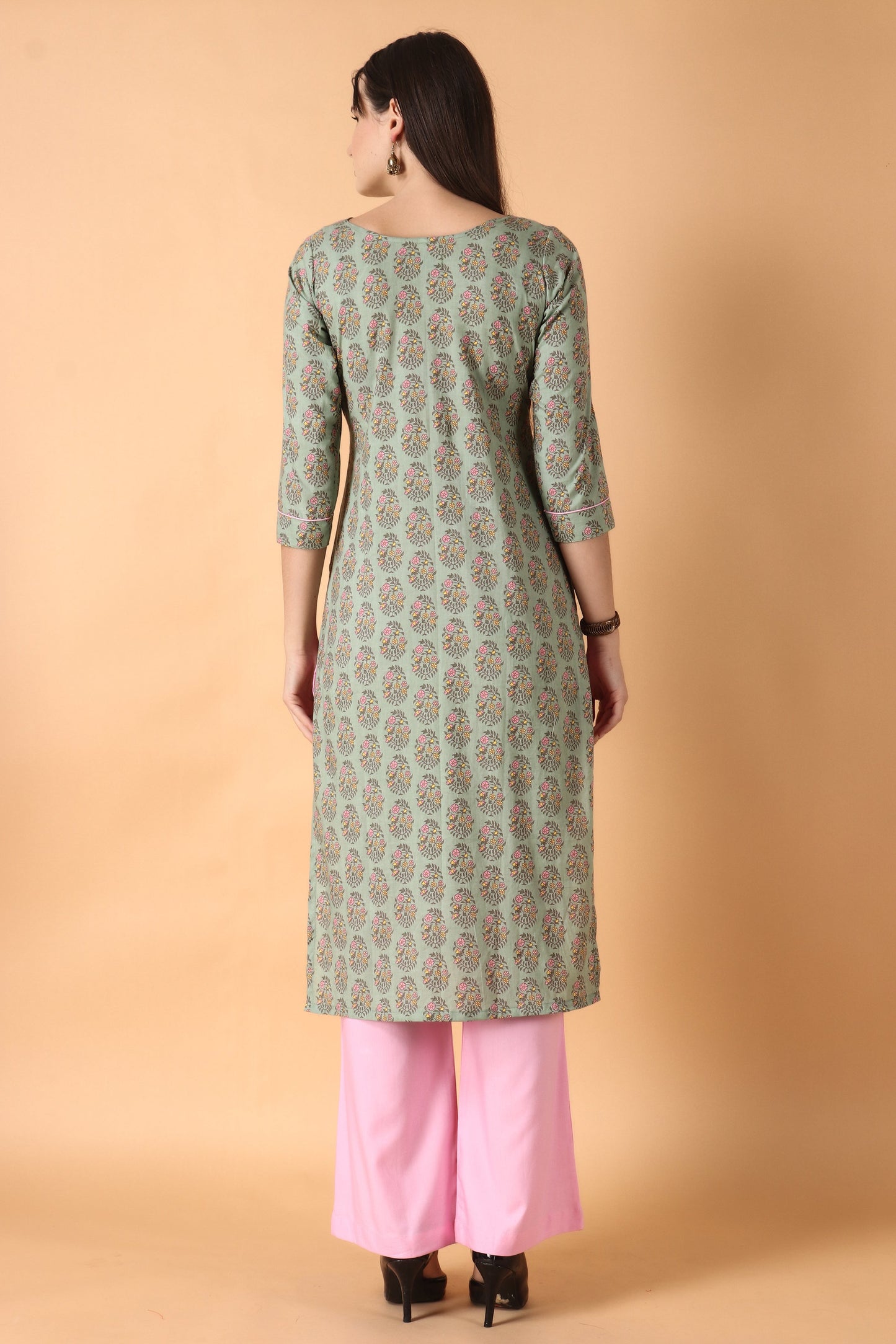  Women Plus Size Green cotton kurti with palazzo set