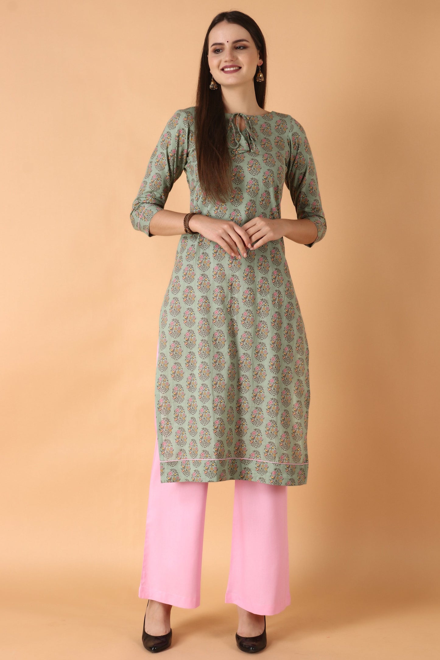  Women Plus Size Green cotton kurti with palazzo set