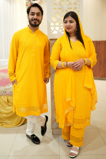 Mustard Gold Sequined Couple Outfit