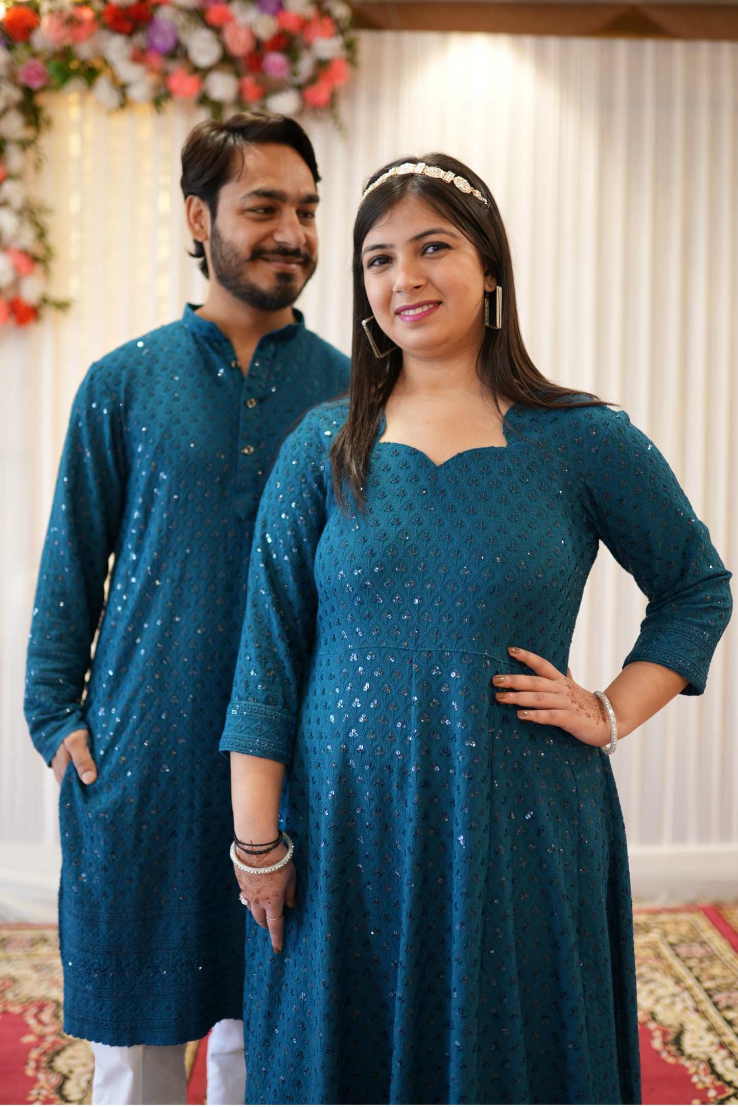 Peacock Blue Sequined Couple Dress