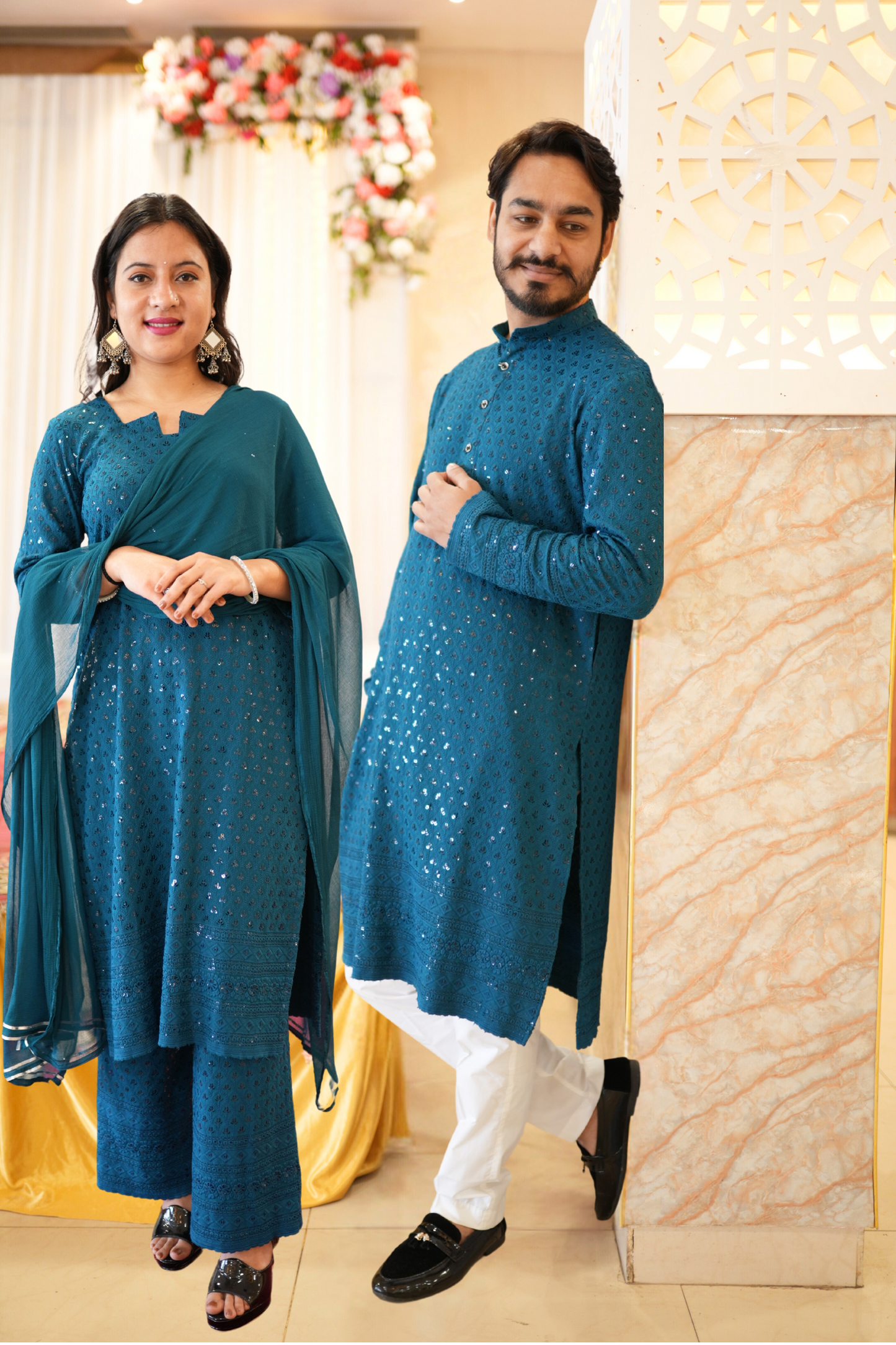 Peacock Blue Sequined Couple Outfit