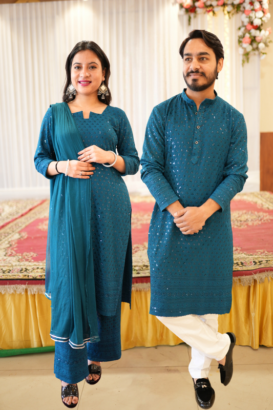 Peacock Blue Sequined Couple Outfit