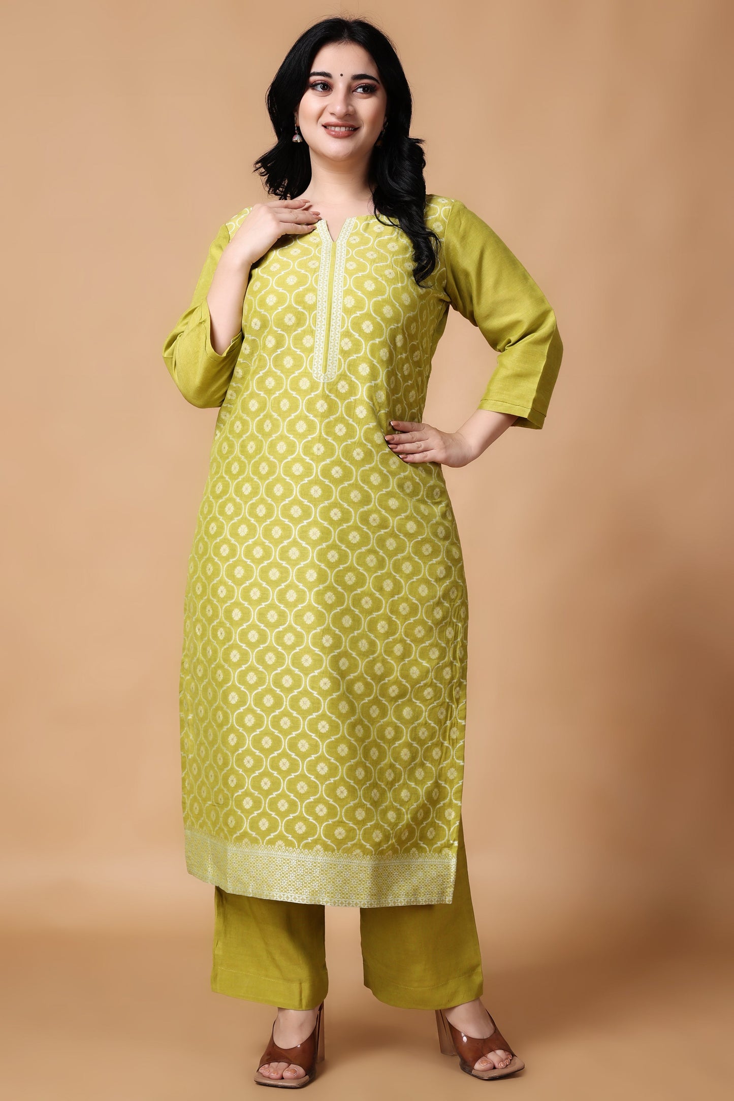 Woman Plus Size Olive Henna Jacquard Linen Suit