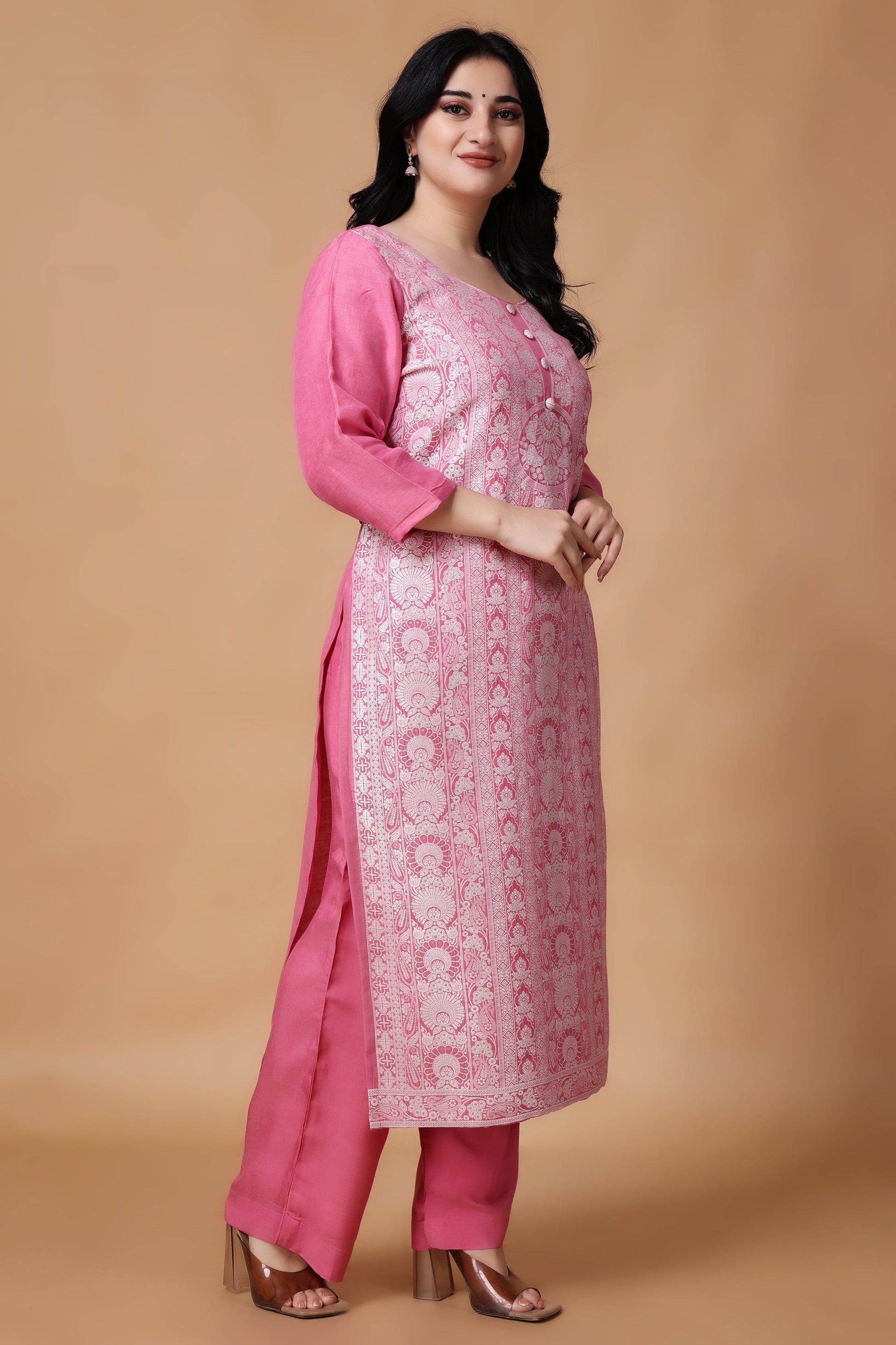 Woman Plus Size Pink Tickle Jacquard Linen Suit