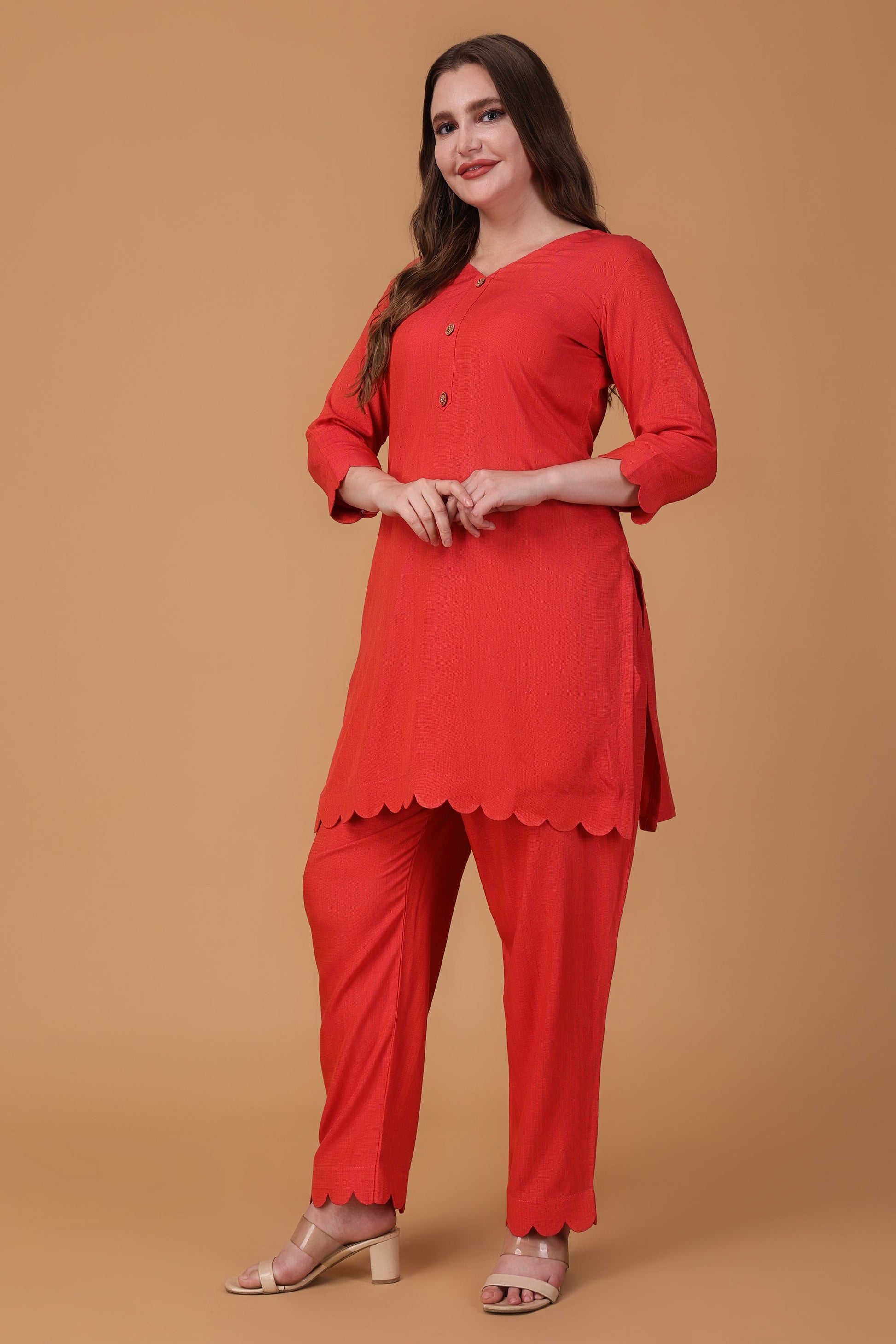 Women Plus Size Vibrant Red Rayon Co-ord Set