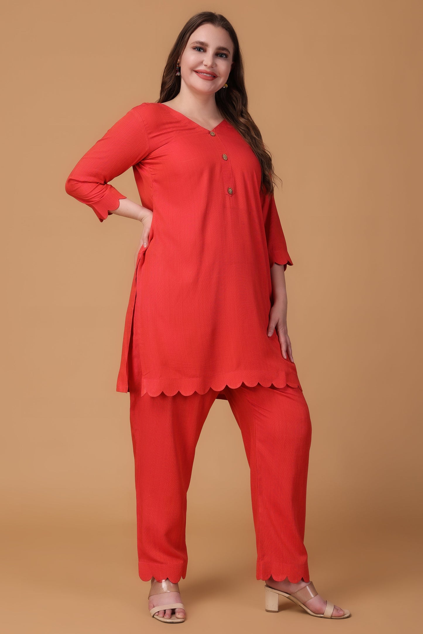 Women Plus Size Vibrant Red Rayon Co-ord Set