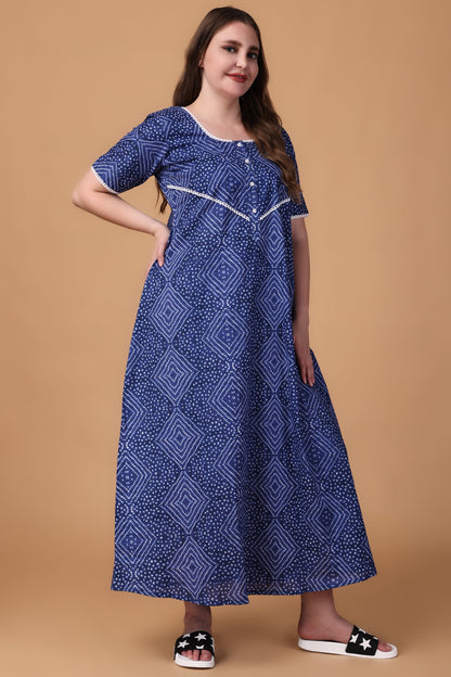 Women Plus Size Blue Bandhej Cotton Night Gown