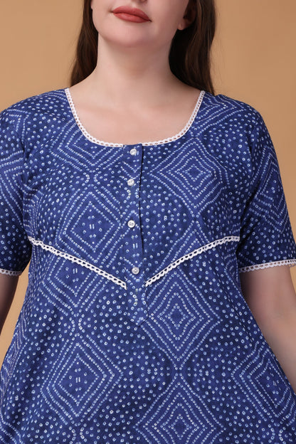 Women Plus Size Blue Bandhej Cotton Night Gown