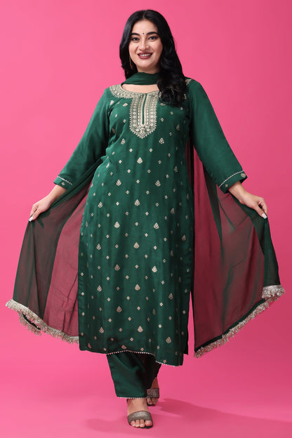 Women Plus Size Garnet Green Fancy Silk Set