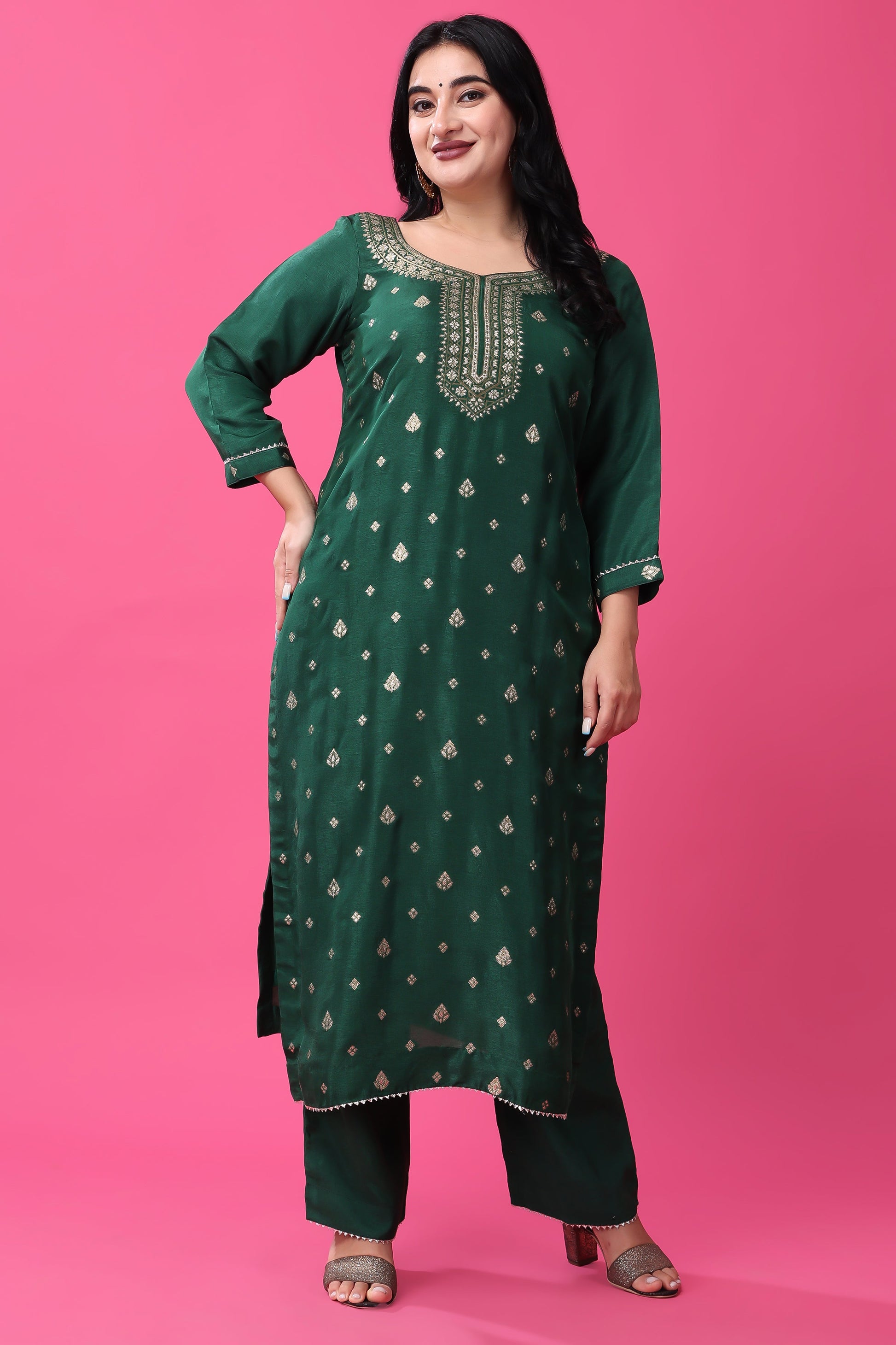 Women Plus Size Garnet Green Fancy Silk Set