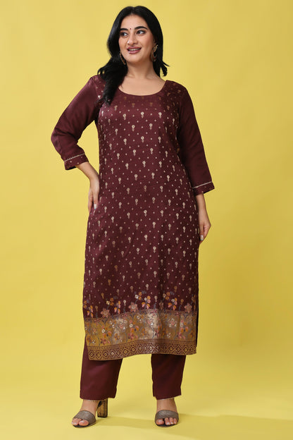Women Plus Size Coffee Canvas Jacquard Silk Suit