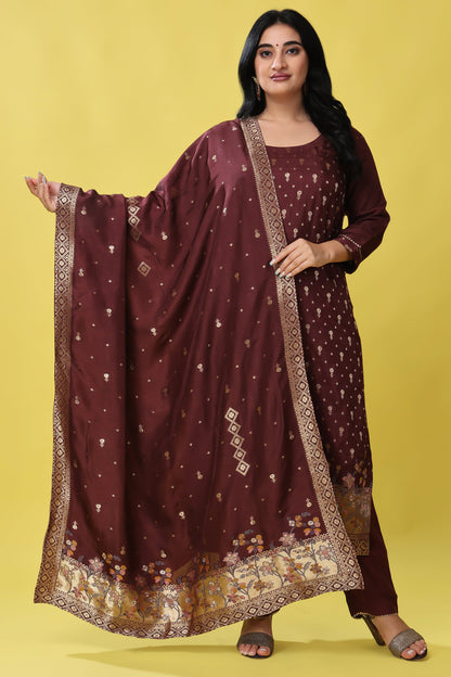 Women Plus Size Coffee Canvas Jacquard Silk Suit