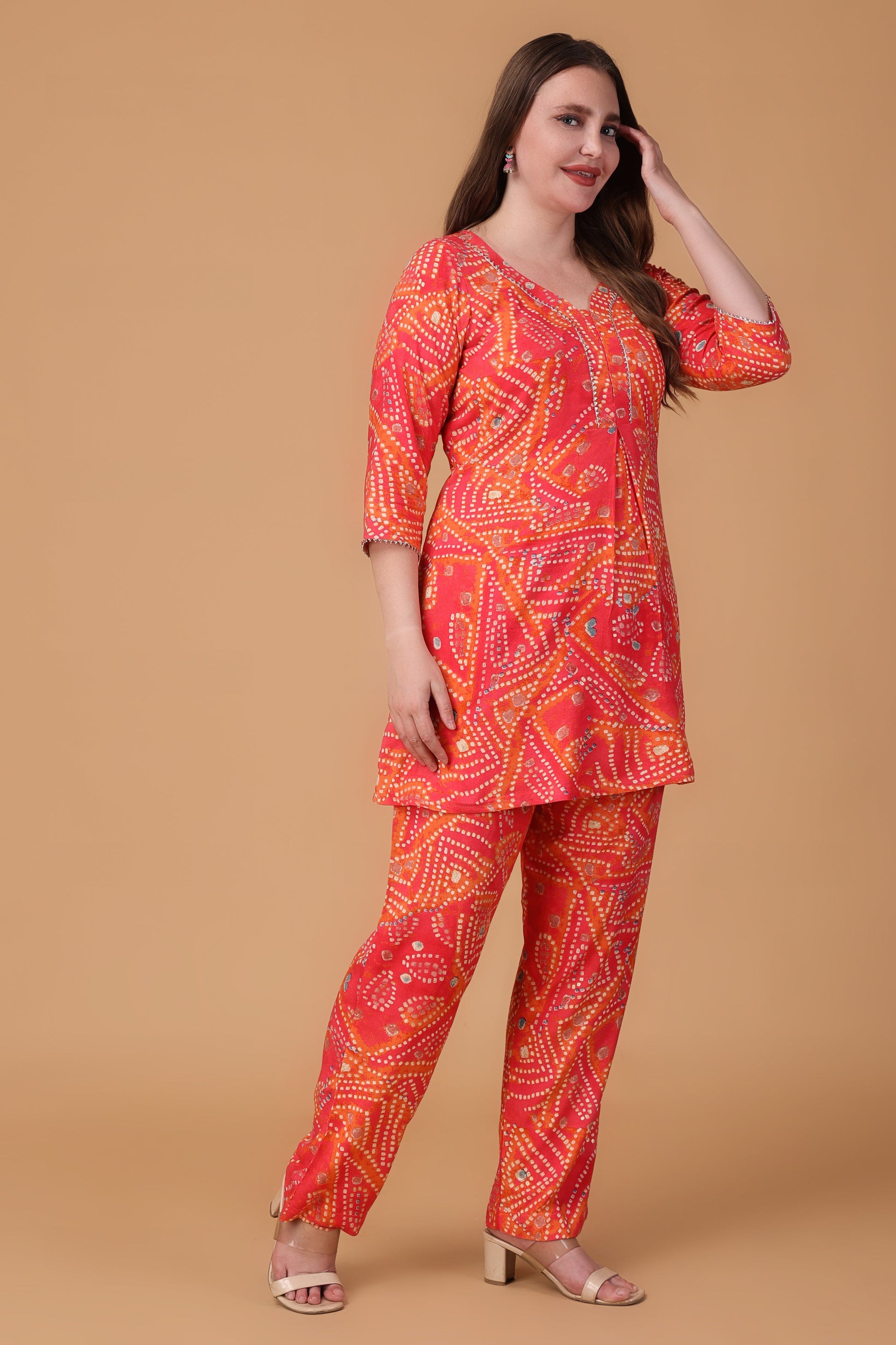 Women Plus Size Coral Radiance Foiled Co-ord Set