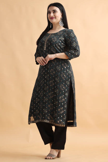  Women Plus Size Balck Printed Kurti Pant Set with Dupatta | Apella