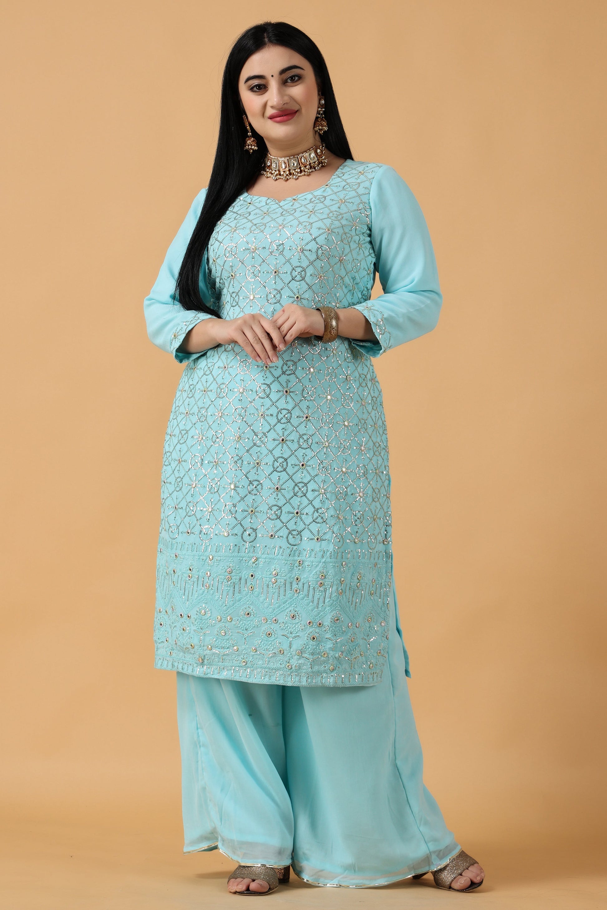 Women's Plus Size Blue Chikan fancy party wear suit | Apella