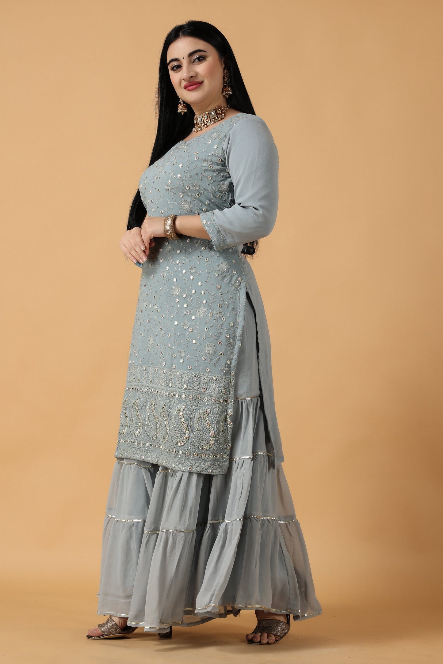 Women's Plus Size Grey Chikan Party Wear Fancy Sharara Suit | Apella