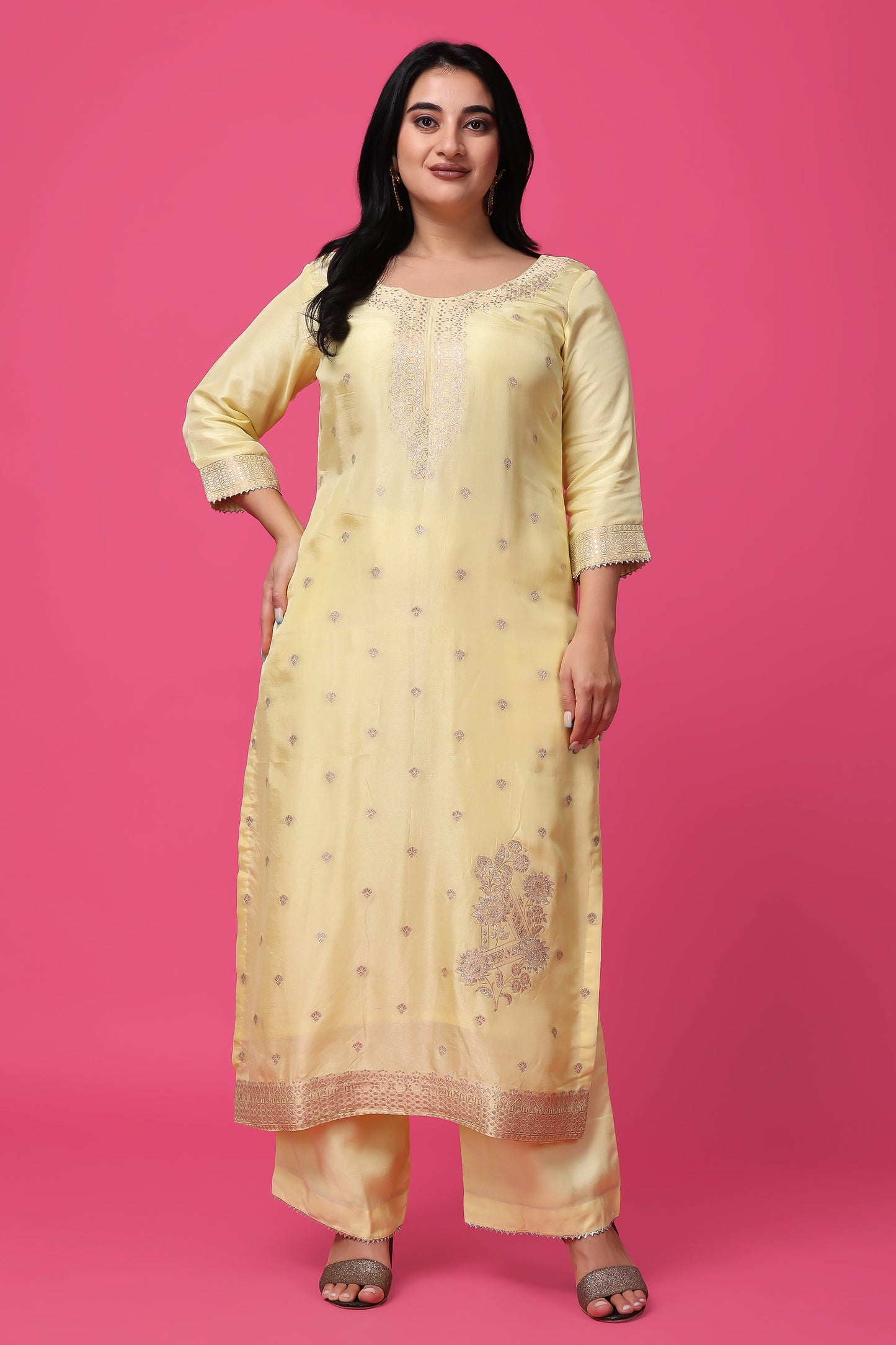 Women Plus Size Pink Lemonade Jacquard Silk Suit