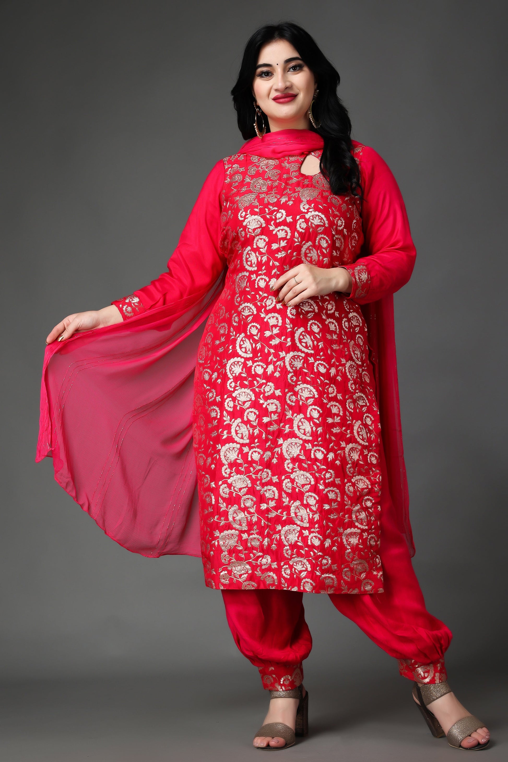 Women Plus Size Radiant Rose Jacquard Silk Suit