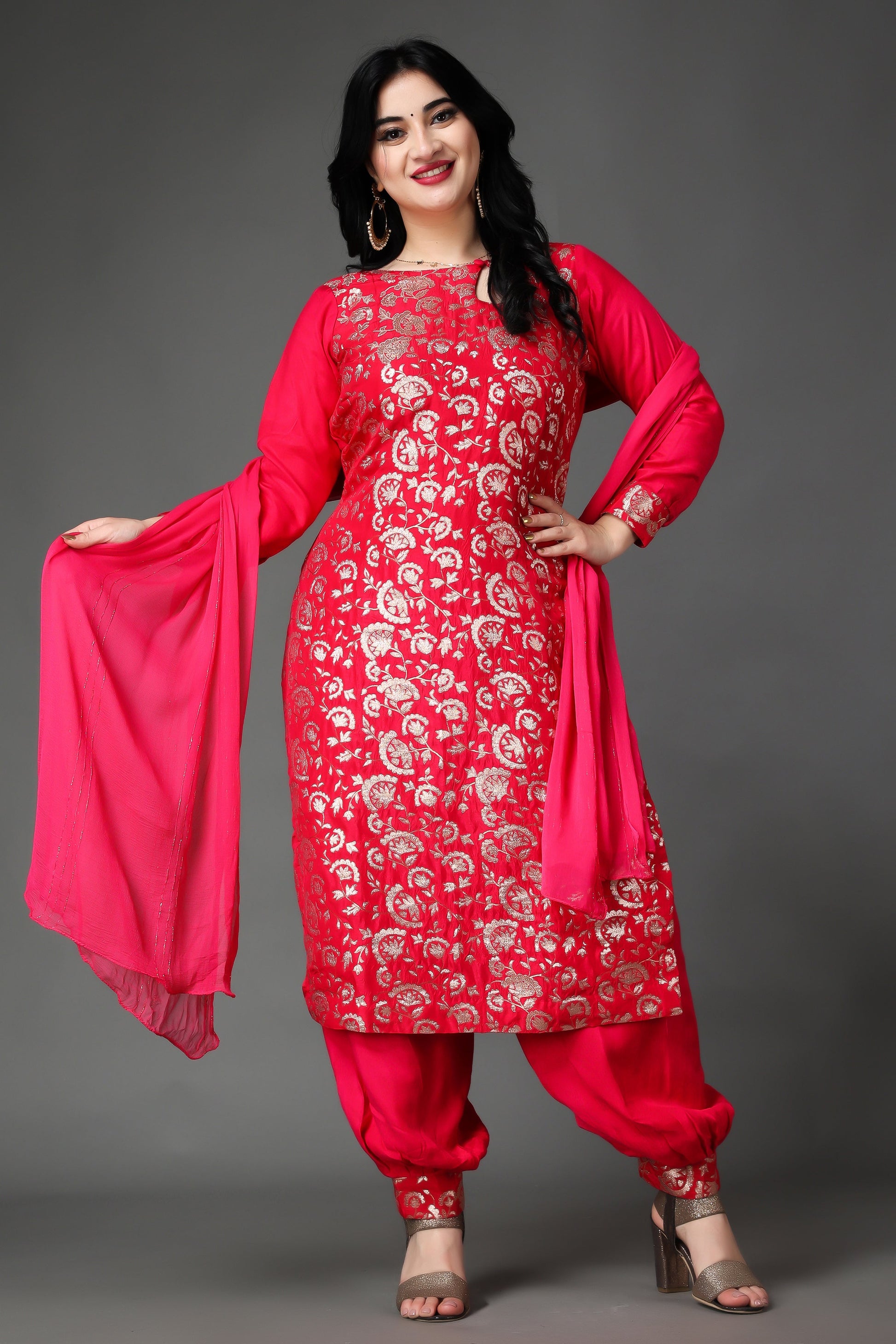 Women Plus Size Radiant Rose Jacquard Silk Suit