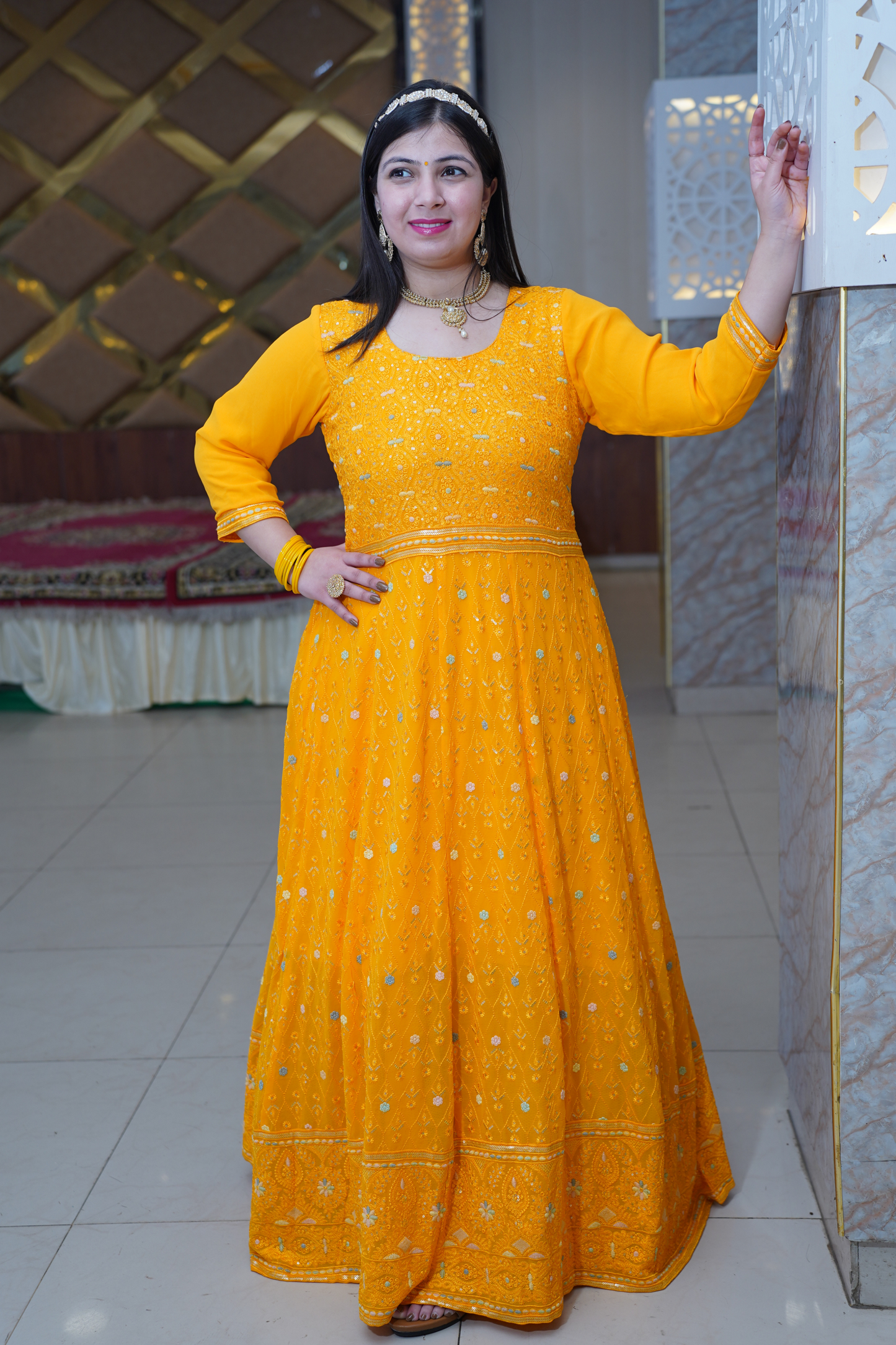 Marigold Glow Georgette Dress with Dupatta
