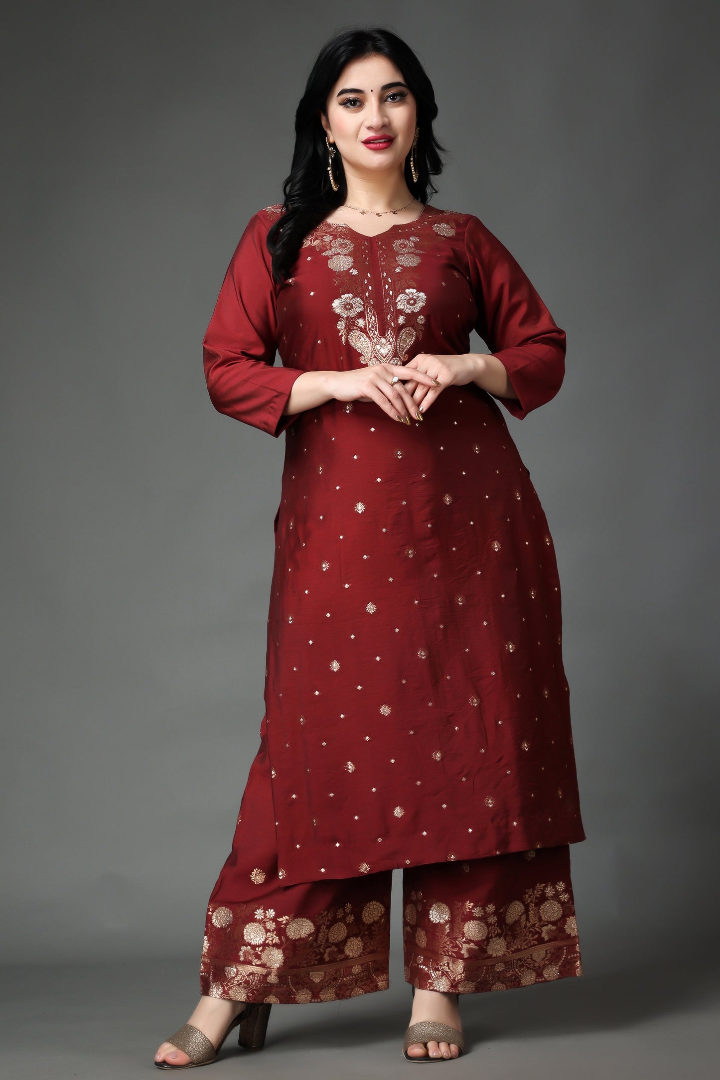 Women Plus Size Crimson Blooms Silk Suit Set