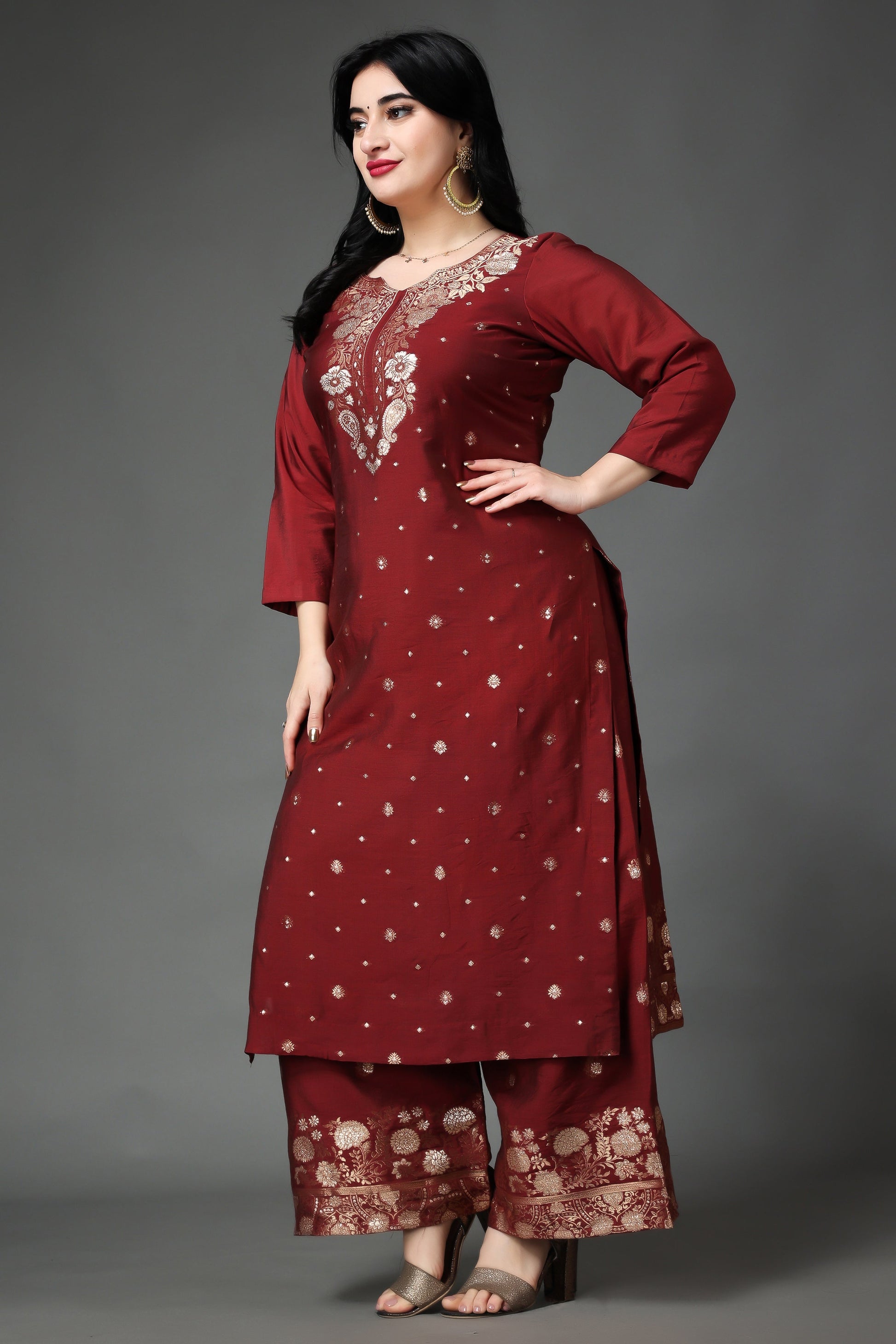 Women Plus Size Crimson Blooms Silk Suit Set