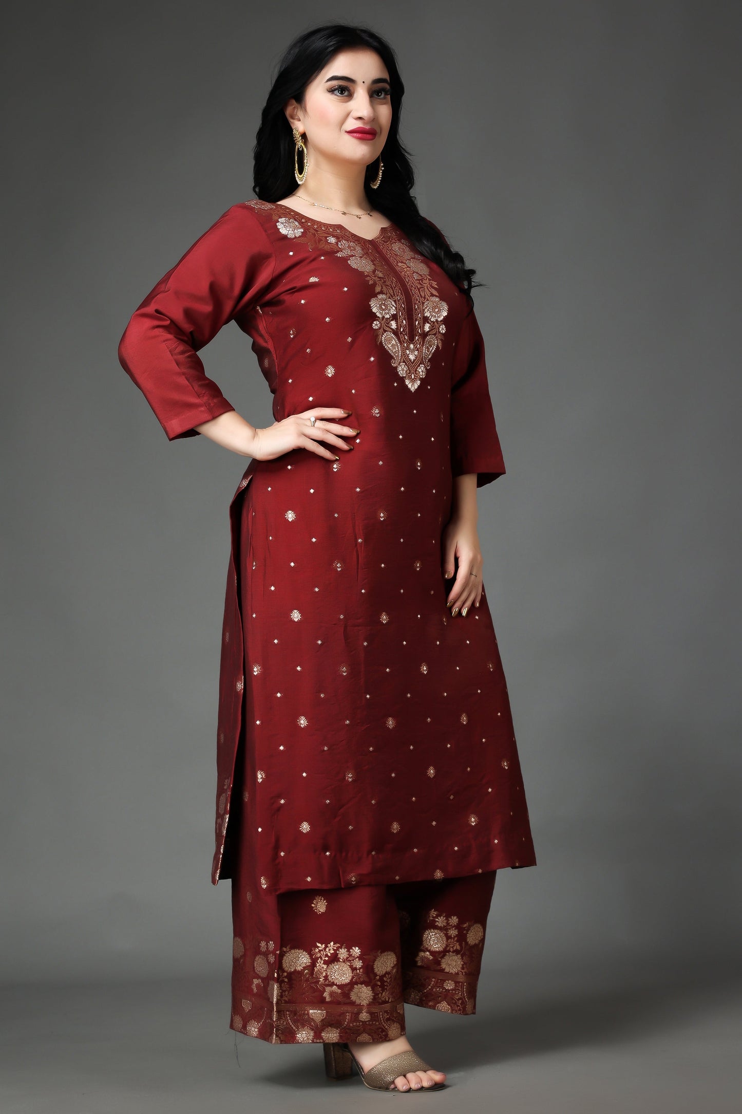 Women Plus Size Crimson Blooms Silk Suit Set