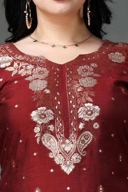 Women Plus Size Crimson Blooms Silk Suit Set