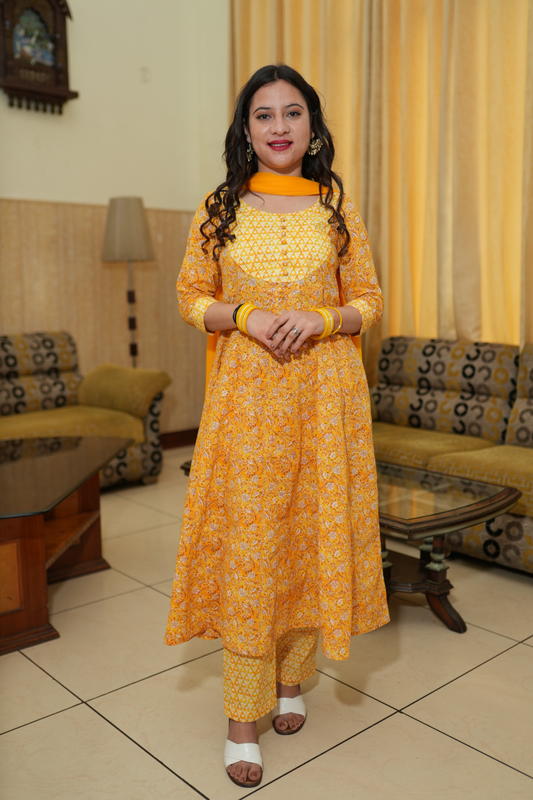 Mustard Yellow Cotton Anarkali Set