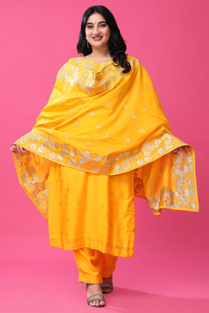 Women Plus Size Radiant Gold Fancy Silk Suit