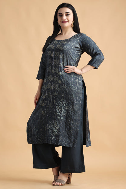 Women Plus Size Blue Printed Party Wear Kurti Set with Dupatta | Apella