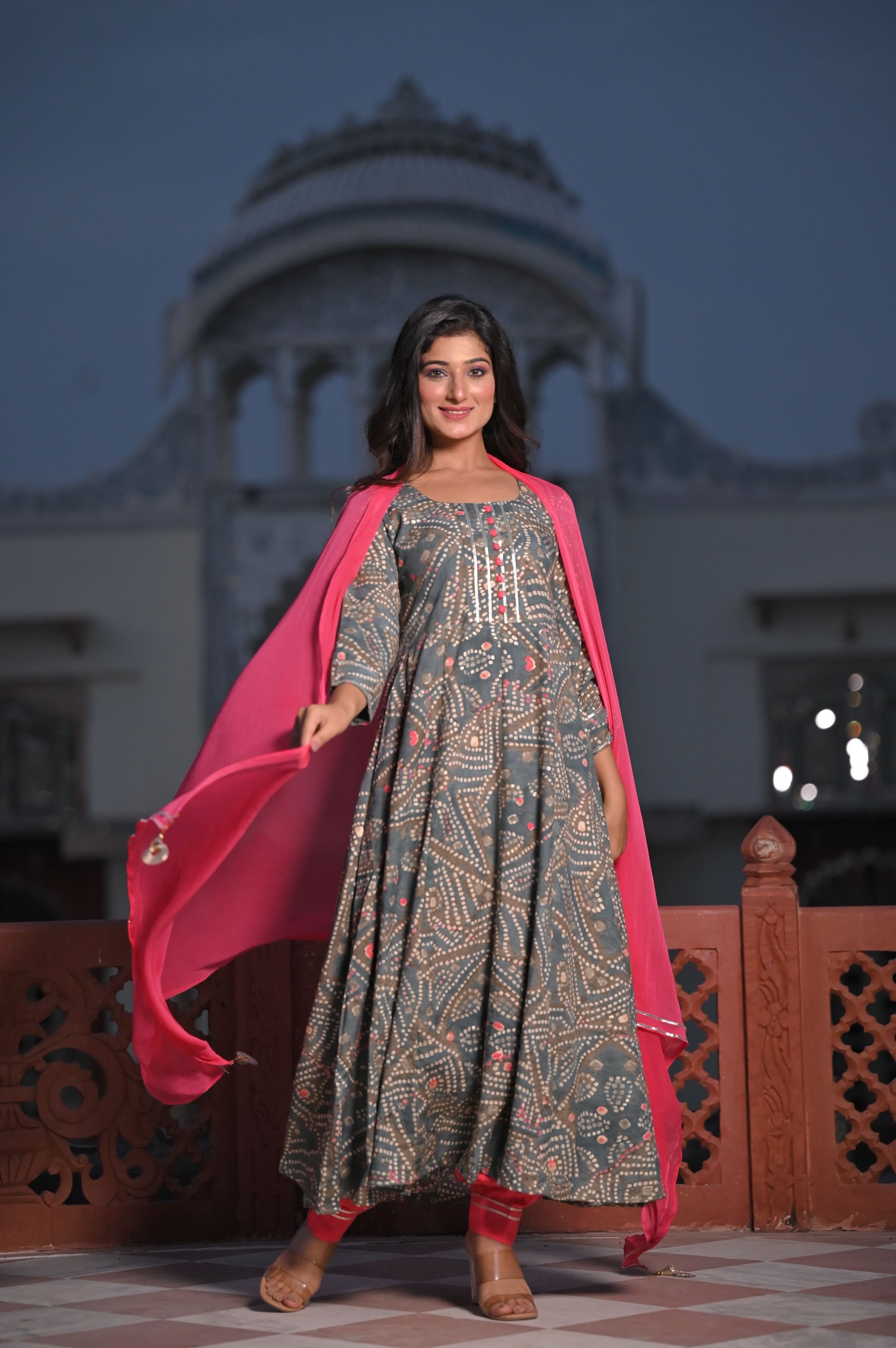 Women PLus Size Neutrals Aglow Foiled Anarkali Set
