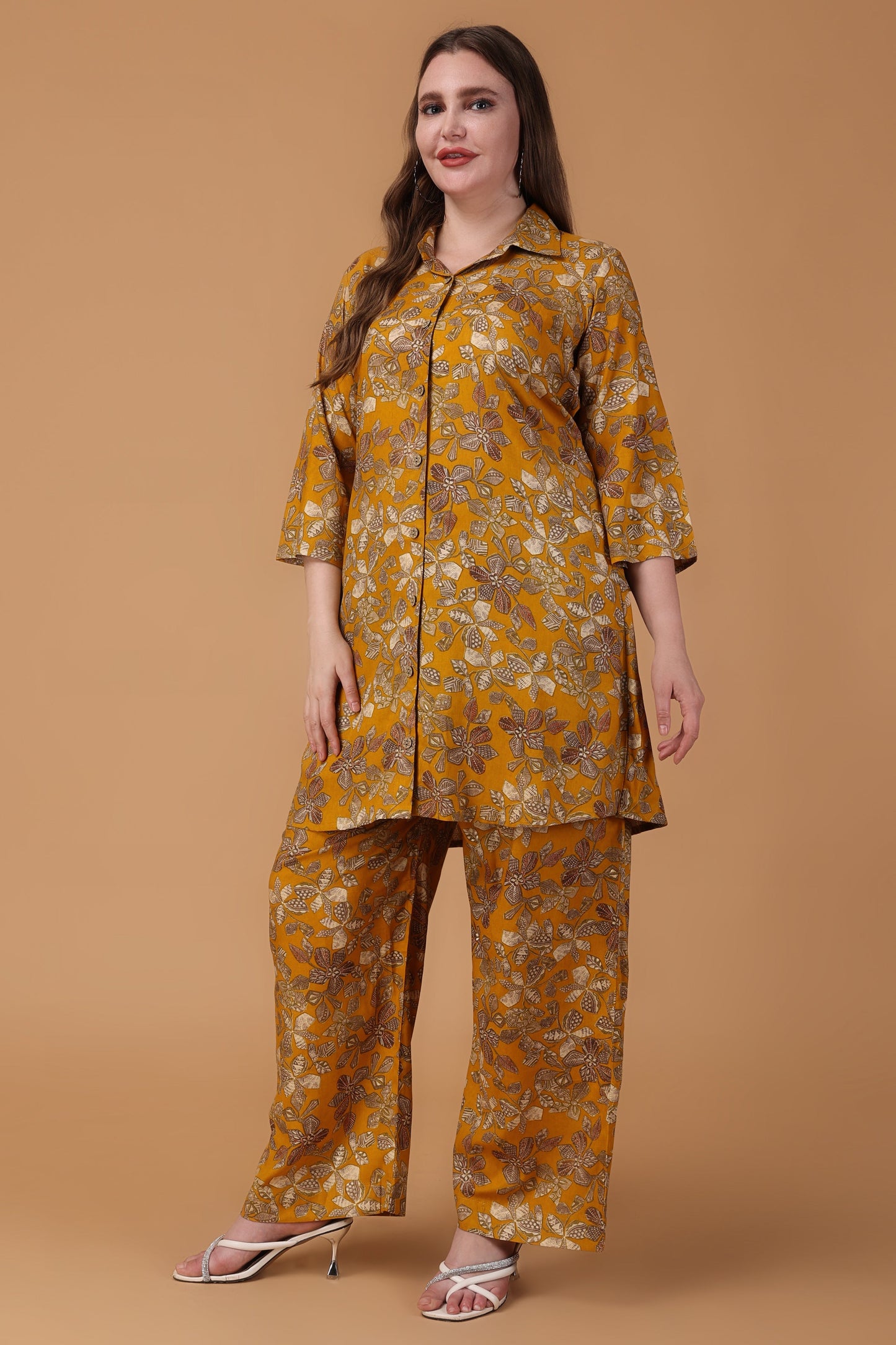 Women Plus size Ochre Meadow Foiled Co-ord Set