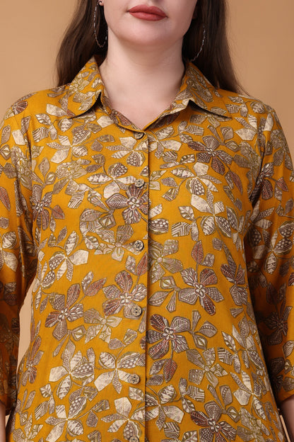 Women Plus size Ochre Meadow Foiled Co-ord Set