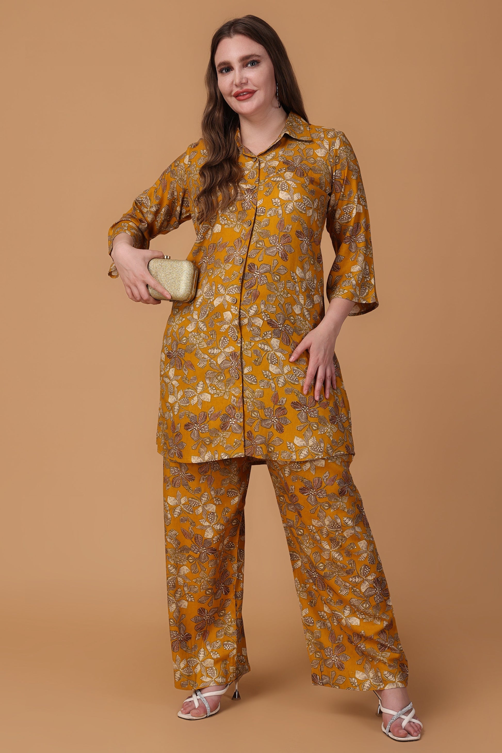 Women Plus size Ochre Meadow Foiled Co-ord Set