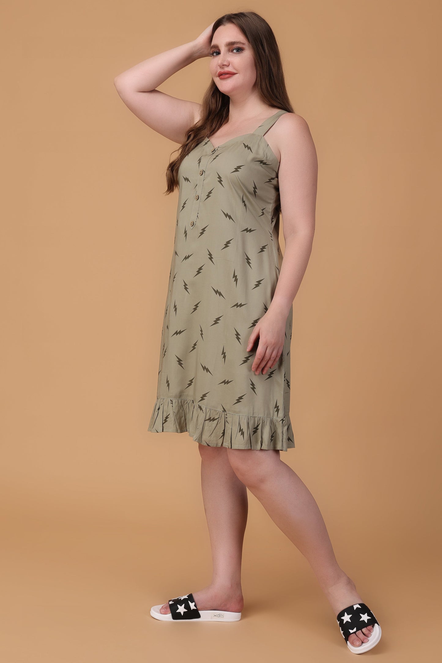 Women Plus Size Olive Frilled Printed Short Nighty