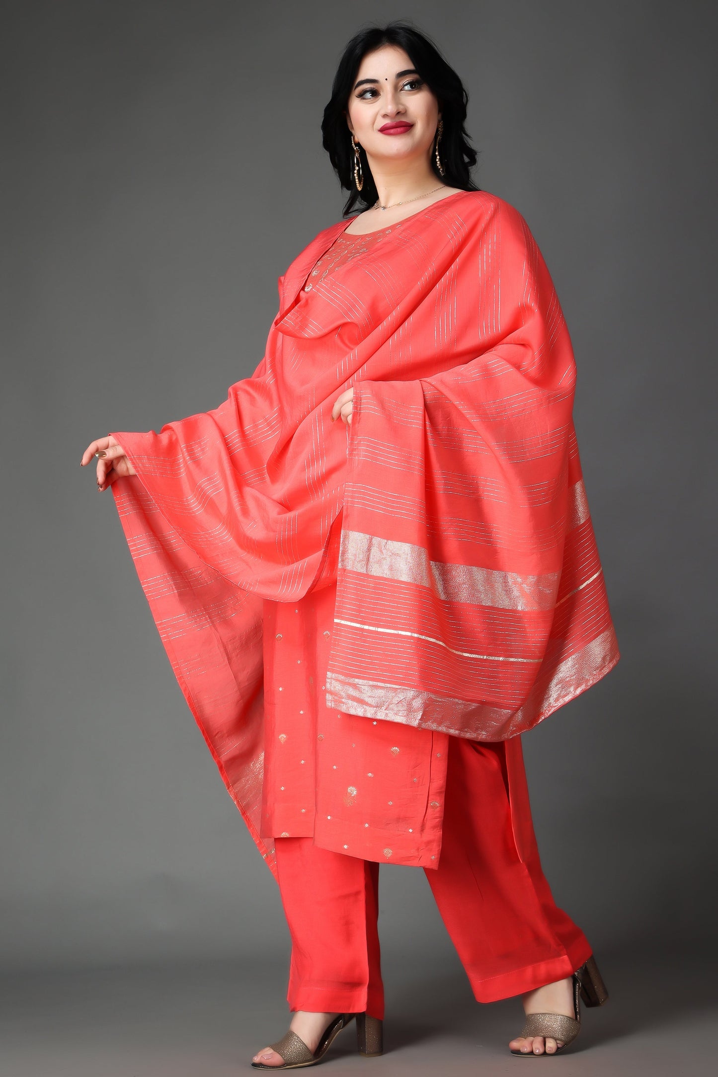 Women Plus Size Pristine Peach Silk Suit Set