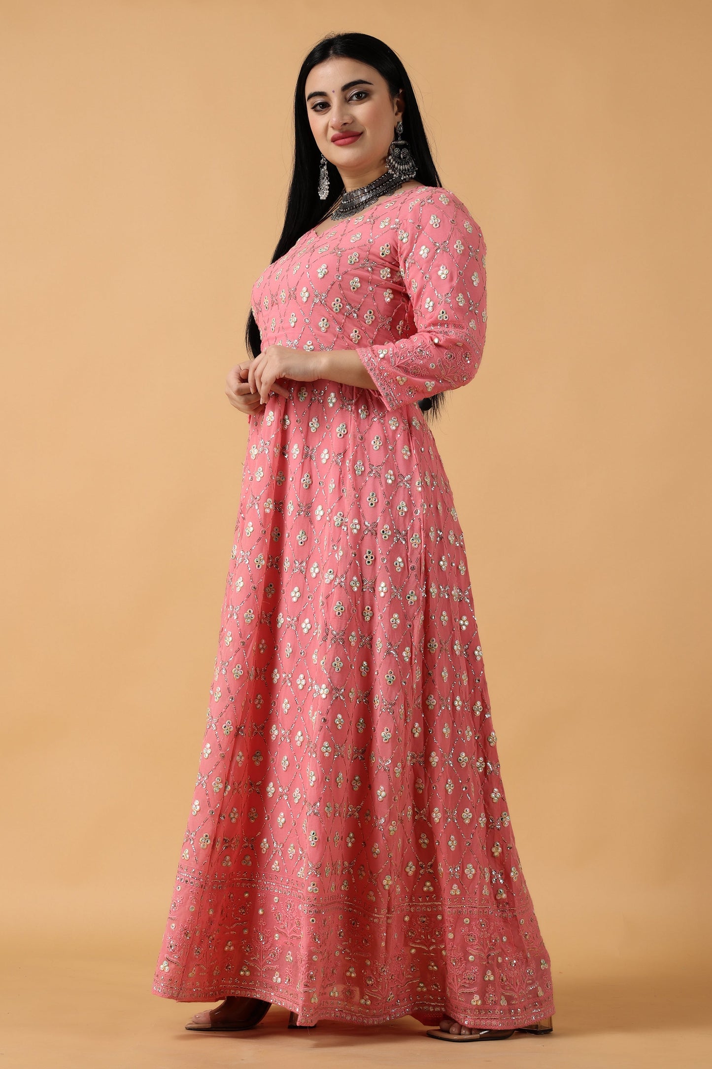 Women Plus Size Pink Chikan Party Wear Wedding Anarkali Dress | Vilasata