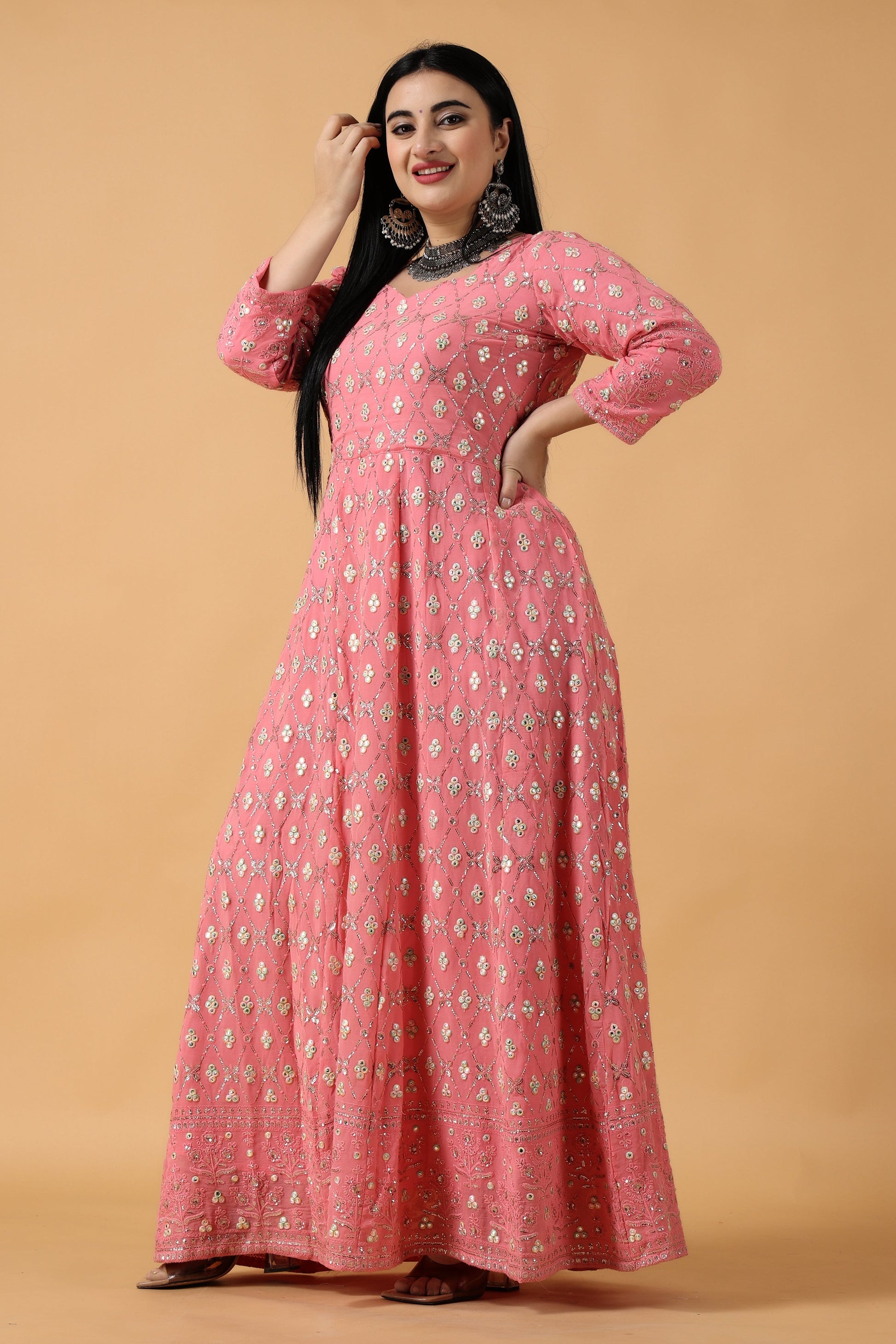 Women Plus Size Pink Chikan Party Wear Wedding Anarkali Dress | Vilasata