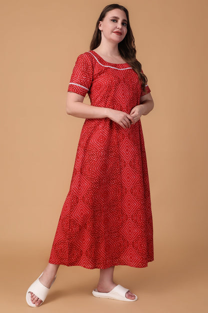 Women Plus Size Red Bandhej Cotton Night Gown