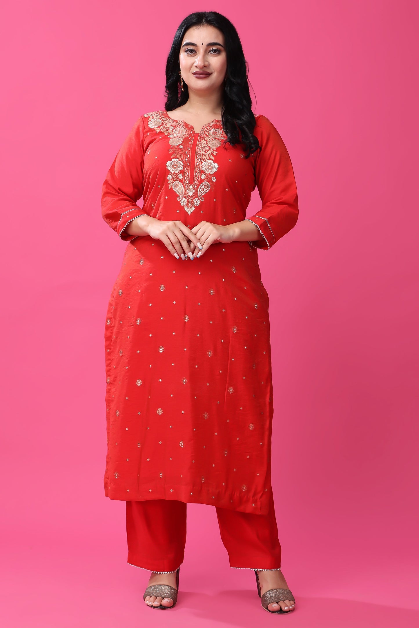 Women Plus Size Gleaming Red Fancy Suit Set