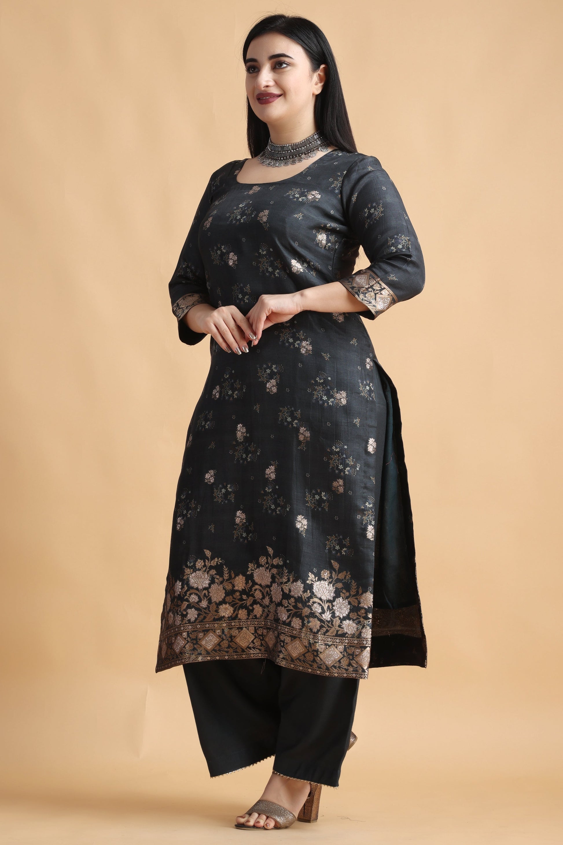 Women Plus Size Grey Printed Silk Kurti Pant Set with Dupatta Party Wear | Apella
