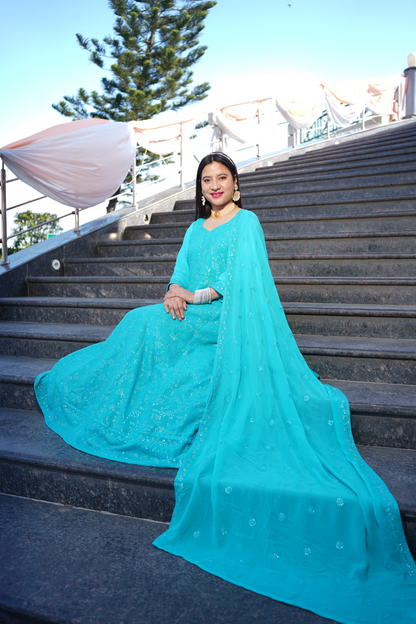 Turquoise Blue Georgette Dress with Dupatta