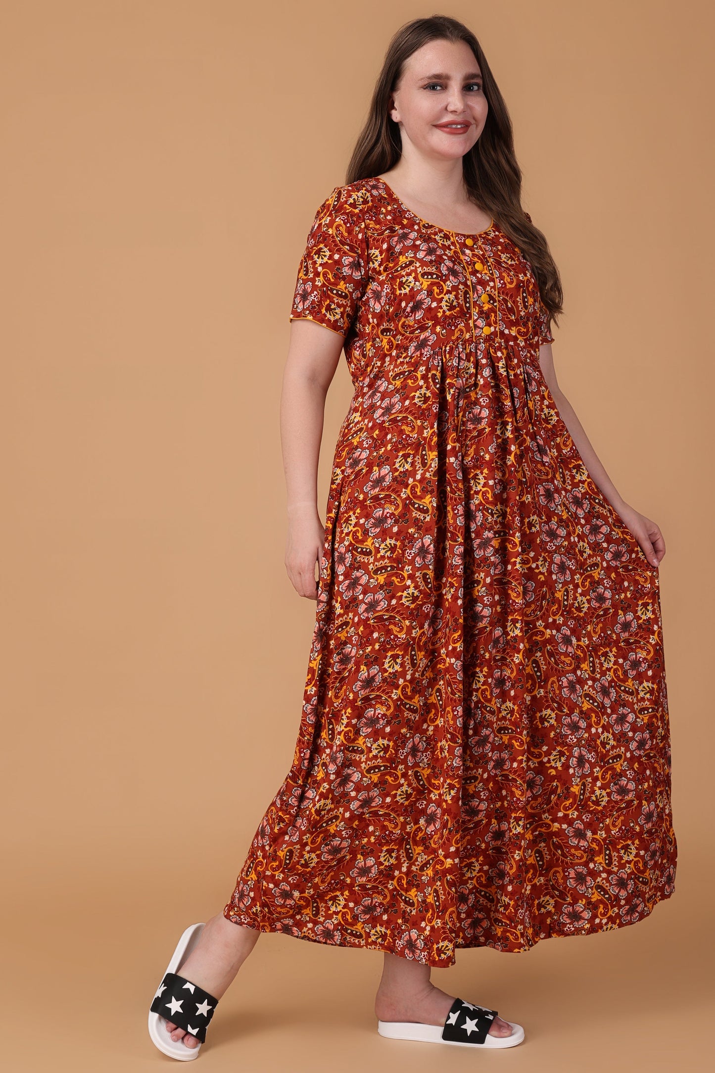 Women Plus Size Vivid Rust Rayon Night Gown