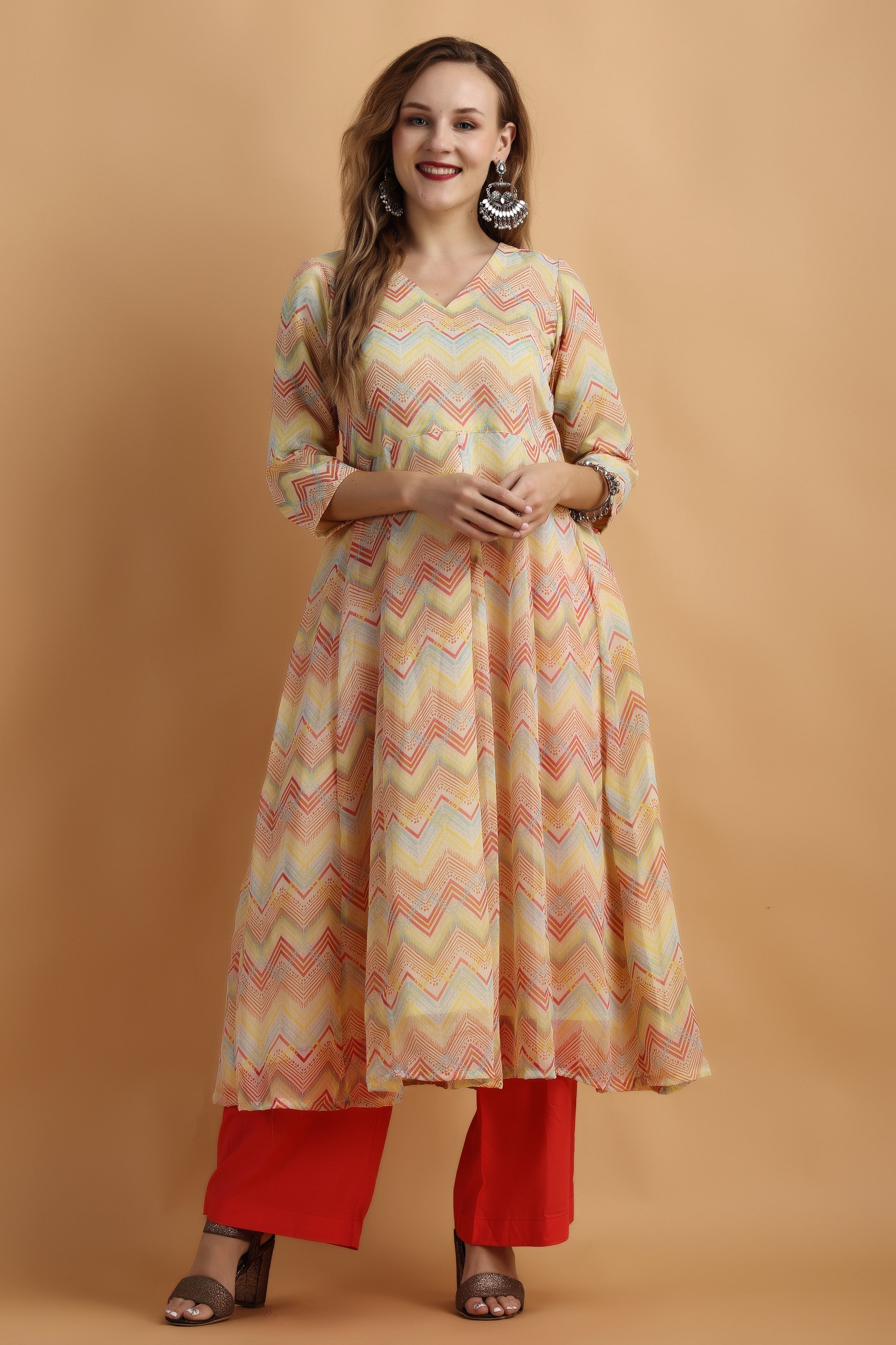 Women's Plus Size Beige Chikankari Thread Work Anarkali Kurta With Dupatta  - Miravan | Partywear, Plus size women, Women